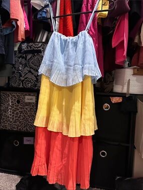 entro Tiered Pleated Spaghetti Strap Dress in Light Blue, Yellow & Coral